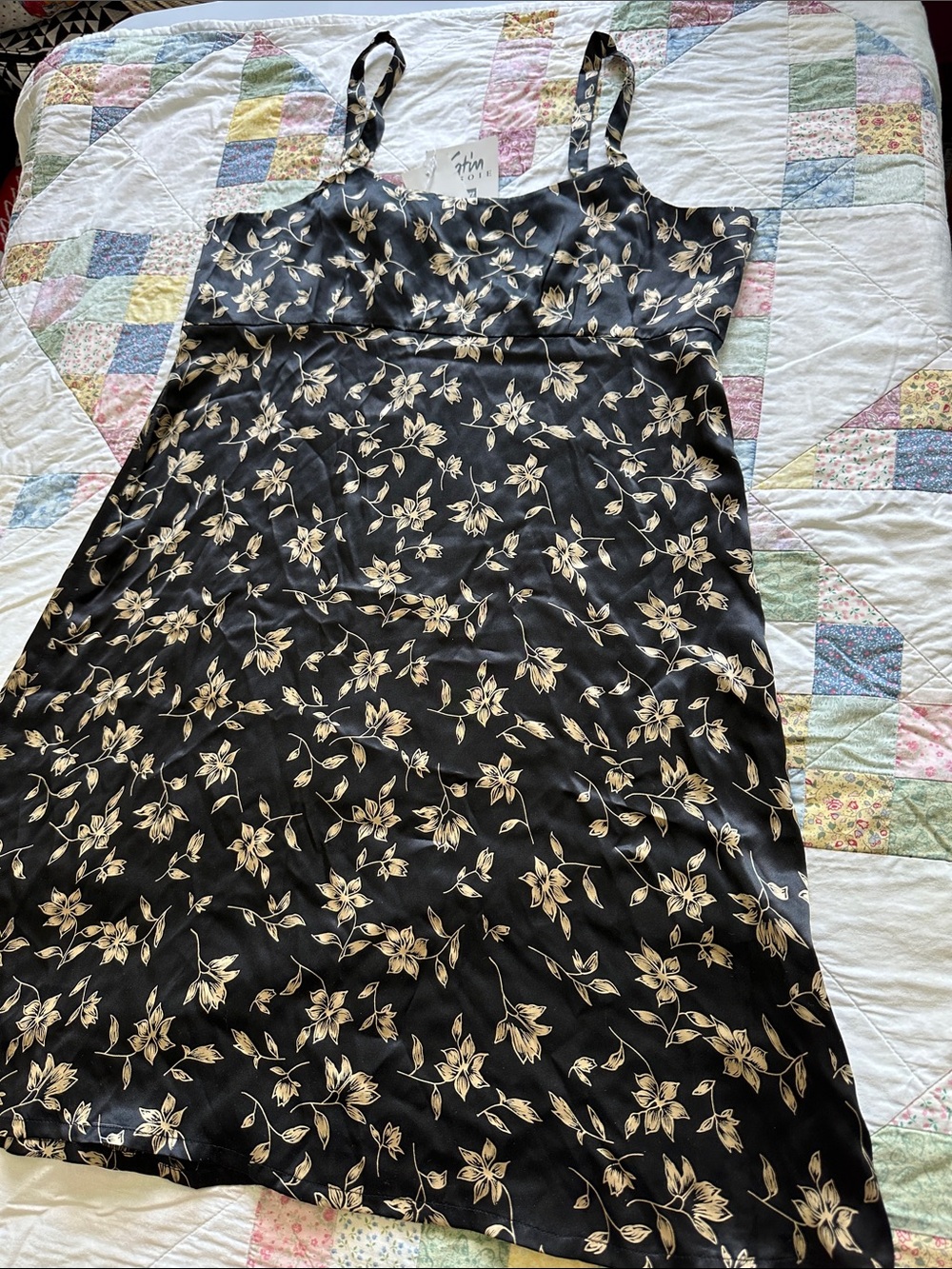 L—Black Floral Slip Silk Dress with Cream Flower Print
